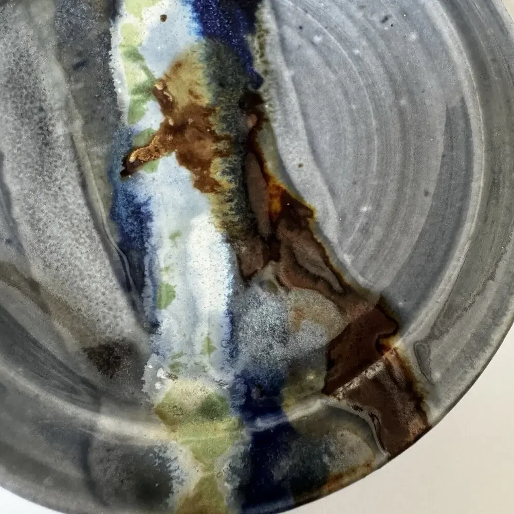 Studio Art Pottery Spoon Rest Bowl Dish Blue Gray Ocean Abstract Glazed Earthy